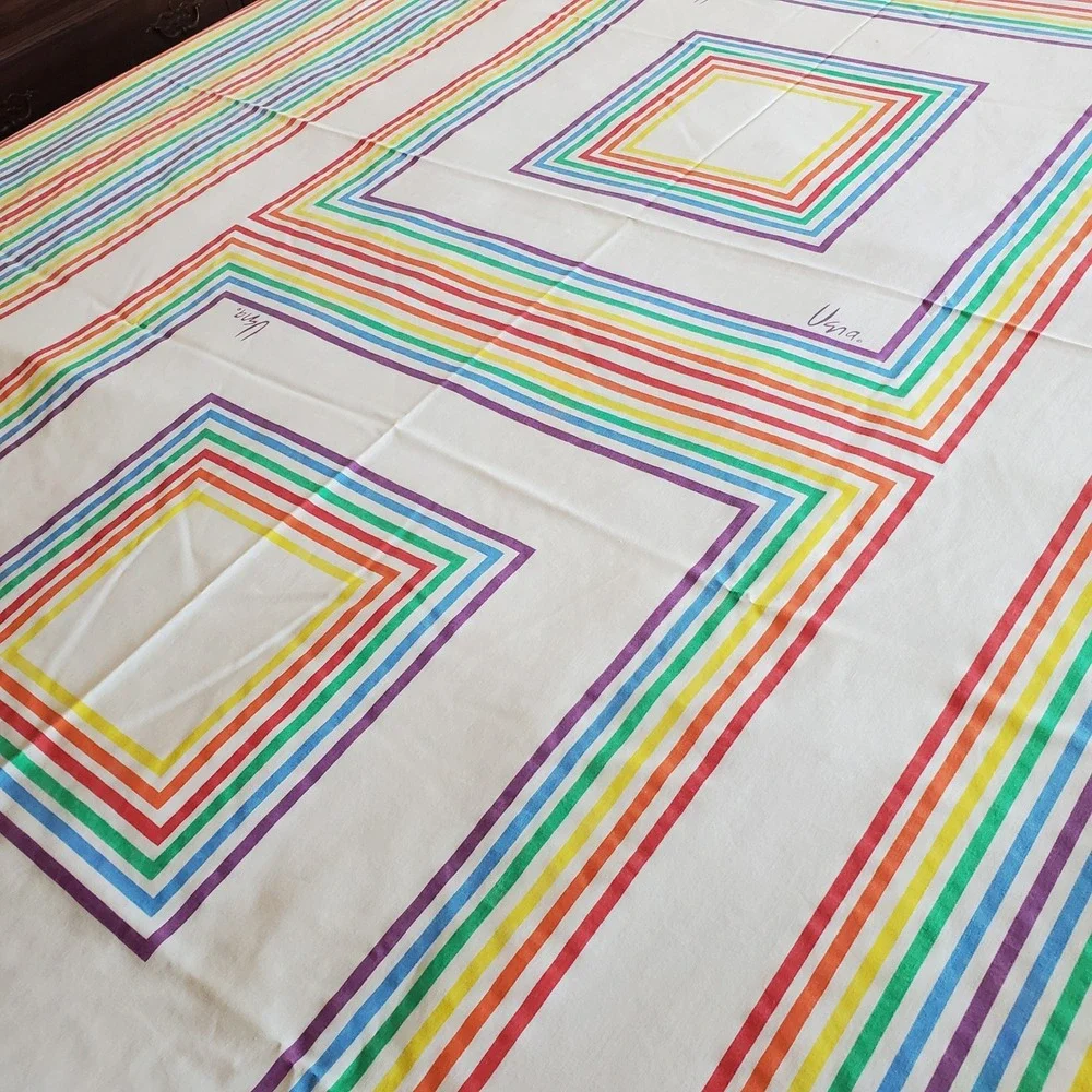 Vintage Vera Neumann Burlington Rainbow Geometric Flat Sheet 90x110 MCM Retro